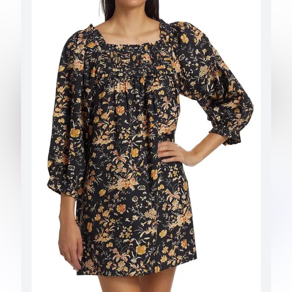DÔEN Acton Baby Doll Mini Dress Navy Oaks Bluffs Floral Smocked Square Neck L